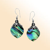 "Sterling silver heart earrings with abalone shell and pearl accents, handcrafted Bali design for women’s elegant jewelry"